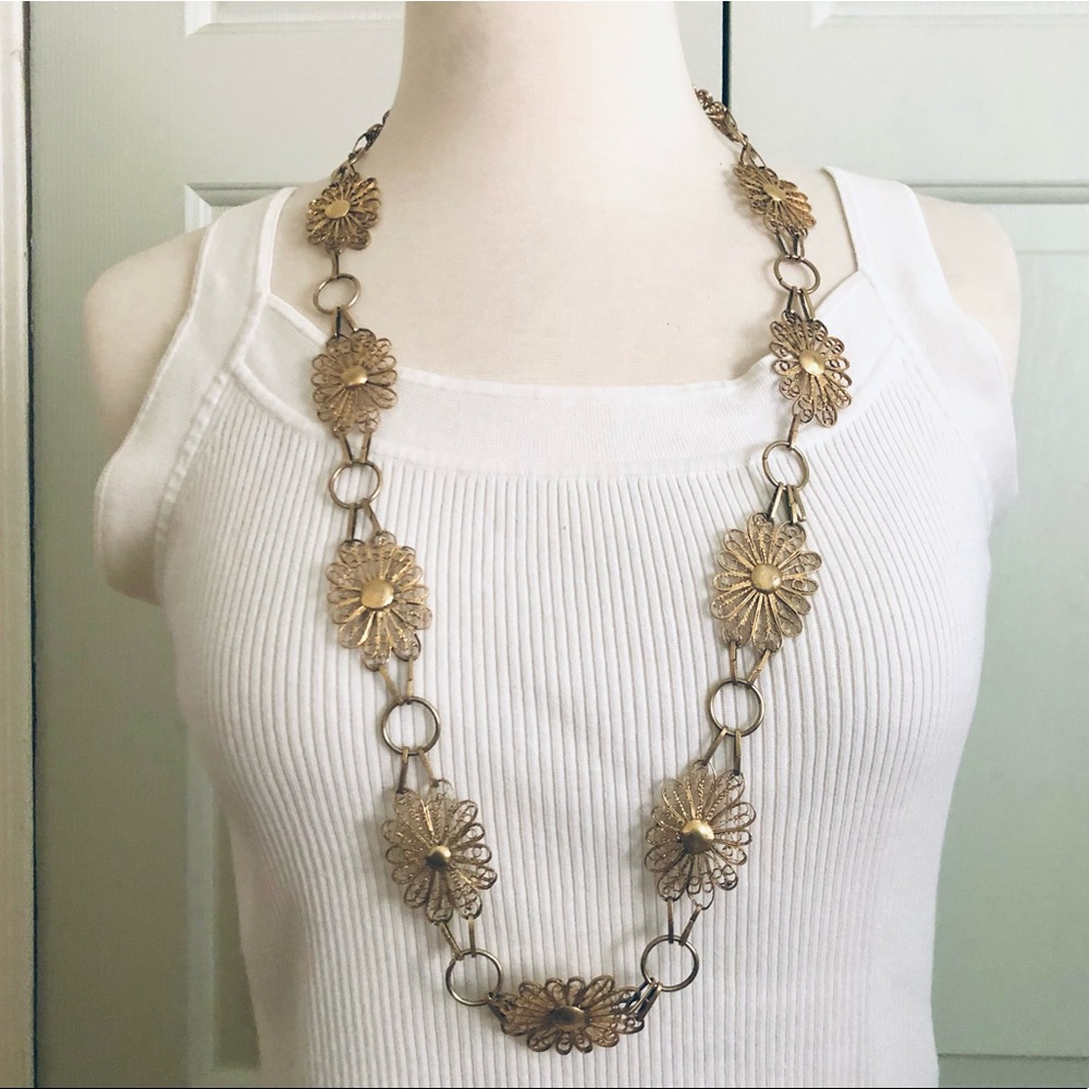 Vintage Filigree Gold Tone Long Necklace Belt